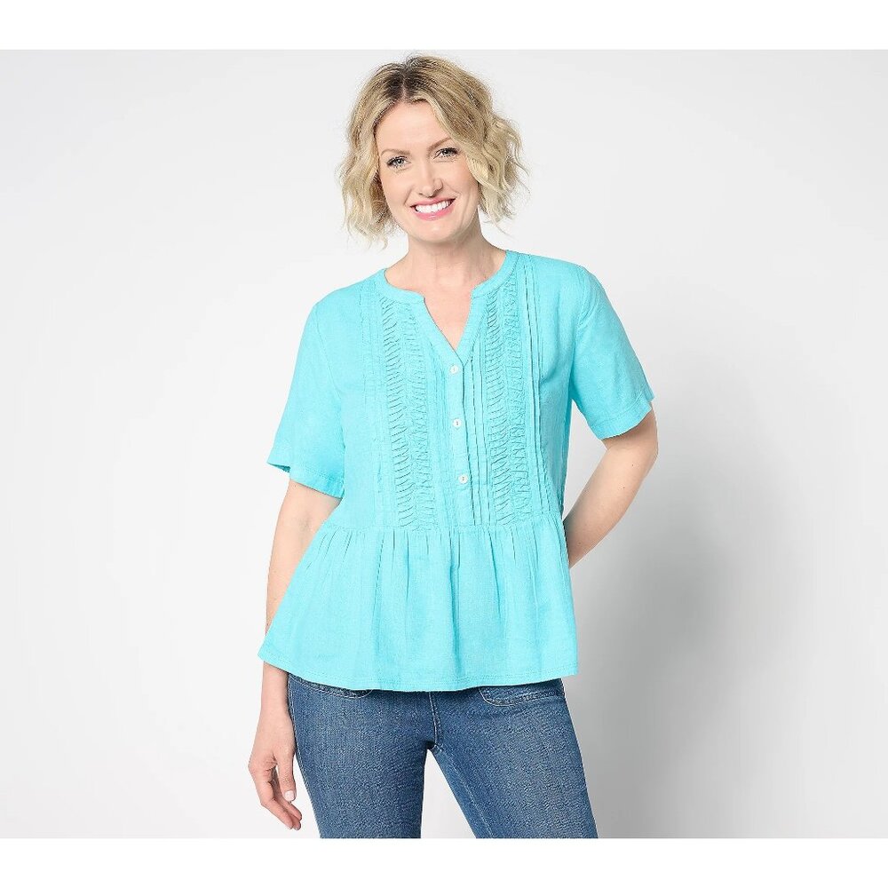 Denim and Co Naturals Linen Blend Pleated Blouse Women XS Short Sleeve Aqua Blue